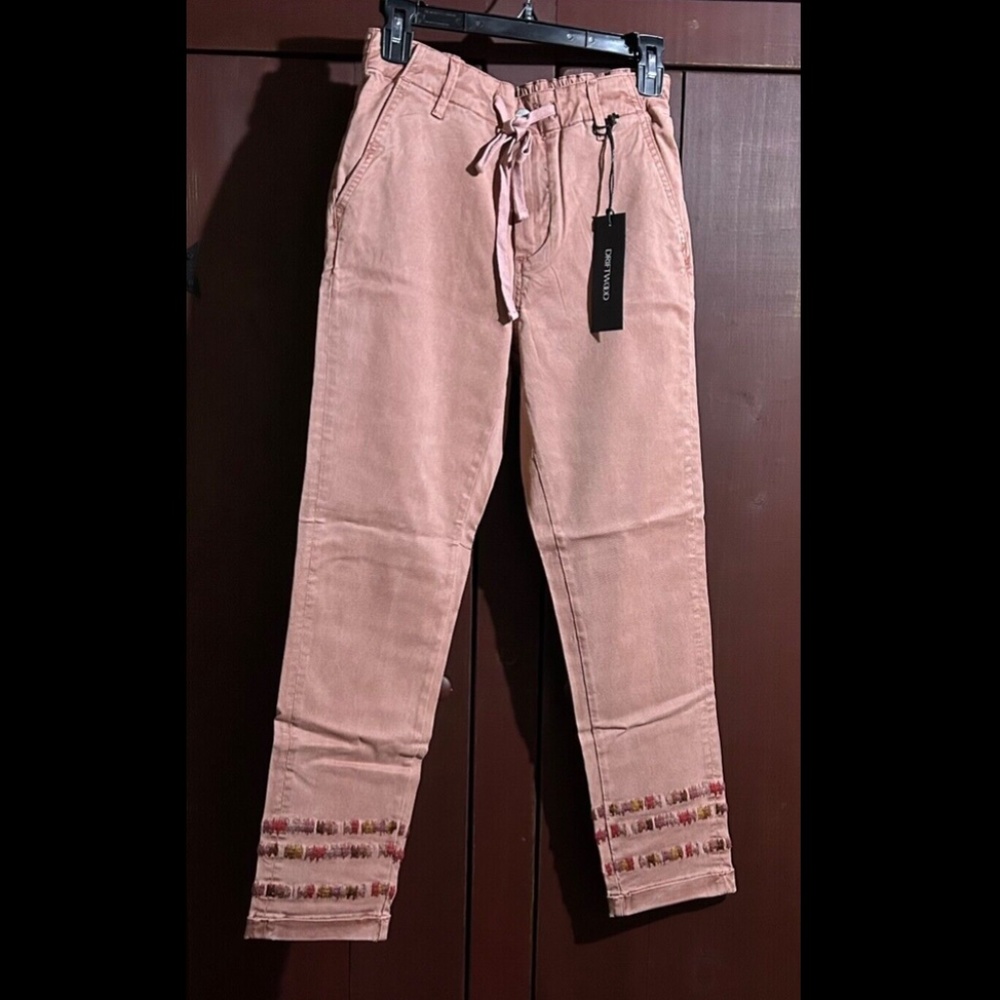 Driftwood Elastic Waist Tapered Ankle Embroidered Pants Clay Size S - NWT